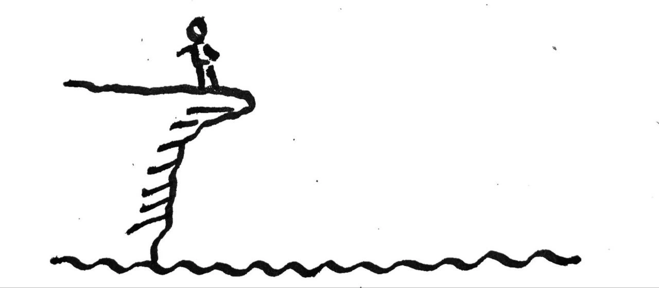sketch of man hesitating to jump from a cliff